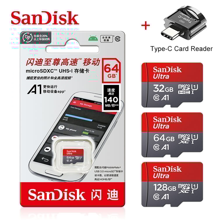 SanDisk A1 Memory Card 32GB-256GB Class 10 UHS-1 Micro SD Card with Up to 100MB/s Transfer Speed, Type-C Card Reader, Multi-Purpose Use for Photos, Videos, Music, Apps - Reliable & Durable Storage Solution for Professionals and Tech Enthusiasts