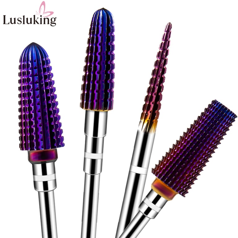 Premium Tungsten Carbide Nail Drill Bits Set - Conical Shape Design with Purple Pro Coating - 4 Pieces for Manicures and Pedicures - 3/32" Shank Size - Durable and Versatile Professional Nail Care Tools