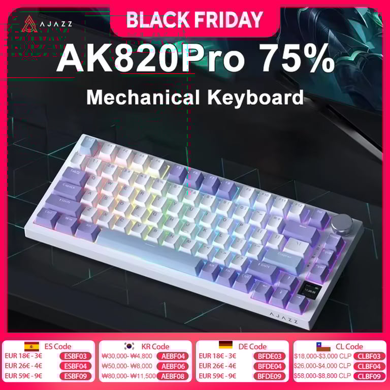 AJAZZ AK820Pro 75% Layout Gaming Mechanical Keyboard with Mechanical Switches, Wired and Wireless Connectivity, RGB Backlighting, and Durable Build Quality - Compact Design for Gaming and Productivity