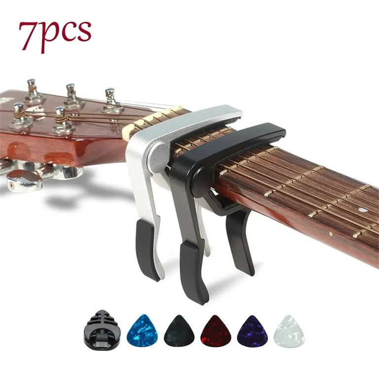 Premium 7pcs Guitar Capo Set with Quick Release Mechanism, Bonus Picks, and Holder - Durable Zinc Alloy Construction for Acoustic and Electric Guitars - Easy One-Handed Operation - Versatile Compatibility for Customized Sound - Ideal Gift for Guitarists