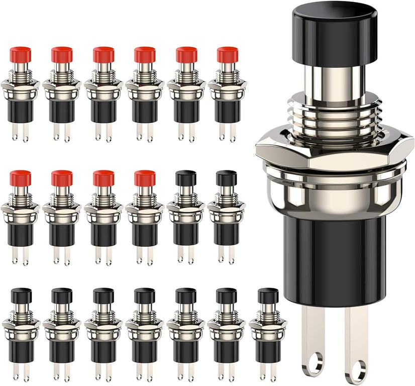 Durable Mini Momentary Push Button Switches with SPST Design for DIY Electronics Projects - Easy to Install, Compact Size with Black and Red Cap, Wide Voltage and Current Range - Versatile for Prototyping, Repairs, and More