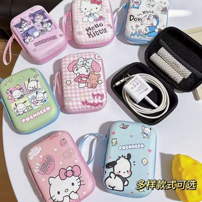 Kuromi and Hello Kitty Multifunctional Organizer Bag for Electronic Accessories and Coins - Durable & Portable Storage Case with Coin Sorting System - Cute Anime Design for Anime Enthusiasts - Efficient Sorting and Stylish Carry Box for Tech Gadgets