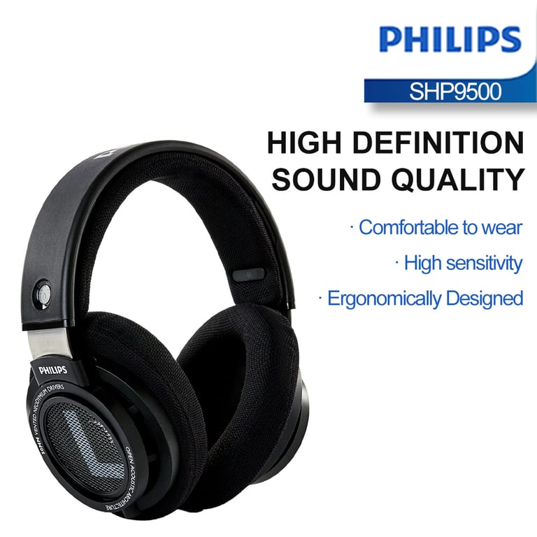 Philips SHP9500 HiFi Stereo Headphones with Comfortable Head-mounted Design, Precision Monitoring, Ergonomic Earbuds for E-sports Gaming, Universal Compatibility - Ideal for Music Enthusiasts, Gamers, Producers, and Engineers