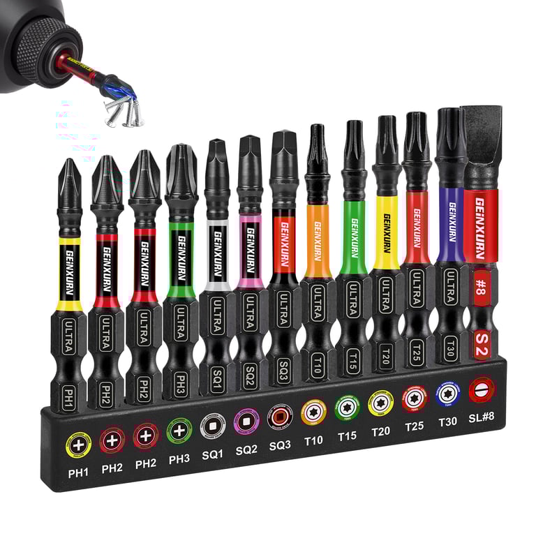 Geinxurn 13PCS Impact Screwdriver Bits Set - High-Quality S2 Steel, Magnetic Tips, Color-Coded Base for Efficient Workflow - Phillips, Square, Slotted Tips for Versatile Tasks - Durable Construction for Long-Lasting Performance - Professional-Grade Precision for DIY and Tradespeople