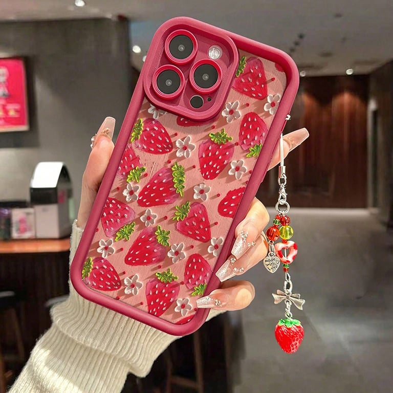 iPhone Flower and Strawberry Painting Pendant Chain Silicone Case for iPhone 17 16 15 14 13 12 11 Pro Max 16E XS X XR 7 8 Plus - Lightweight, Slim, High-Quality Material, Precise Fit, Stylish Design, Fashion Accessory, Scratch and Drop Protection