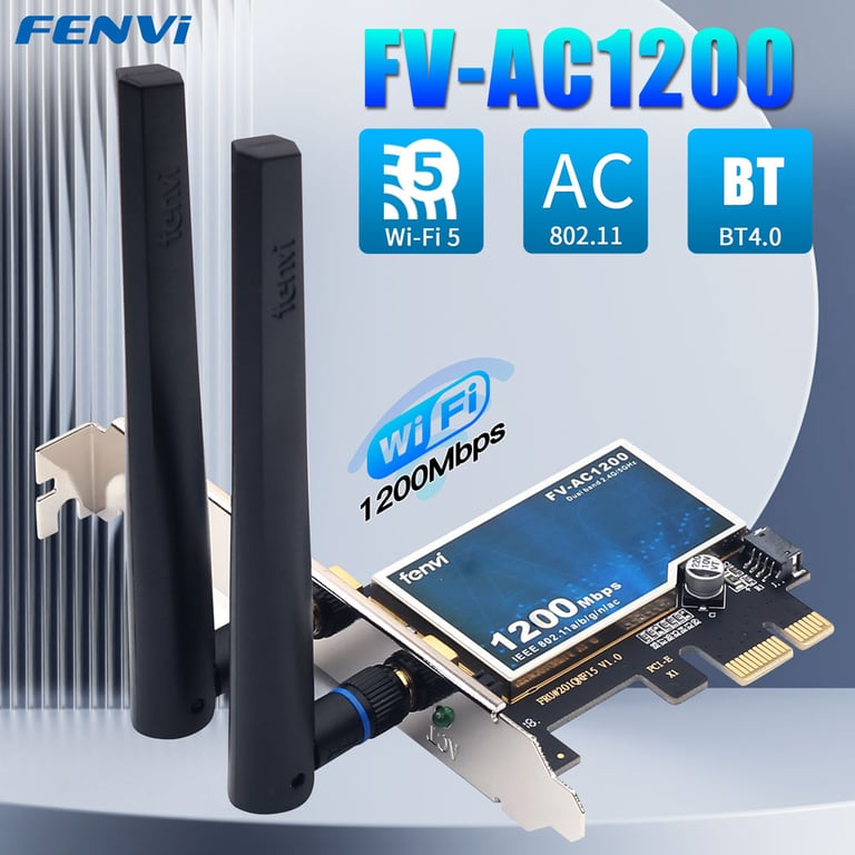FENVI AC1200 PCI-E Wireless Adapter Network Card with Dual-Band Wi-Fi and Bluetooth 4.0 Support for Windows 7, 8, 10, and 11 - Fast and Reliable 802.11AC Technology for Seamless Online Gaming, HD Video Streaming, and Easy Installation on Desktops and Laptops