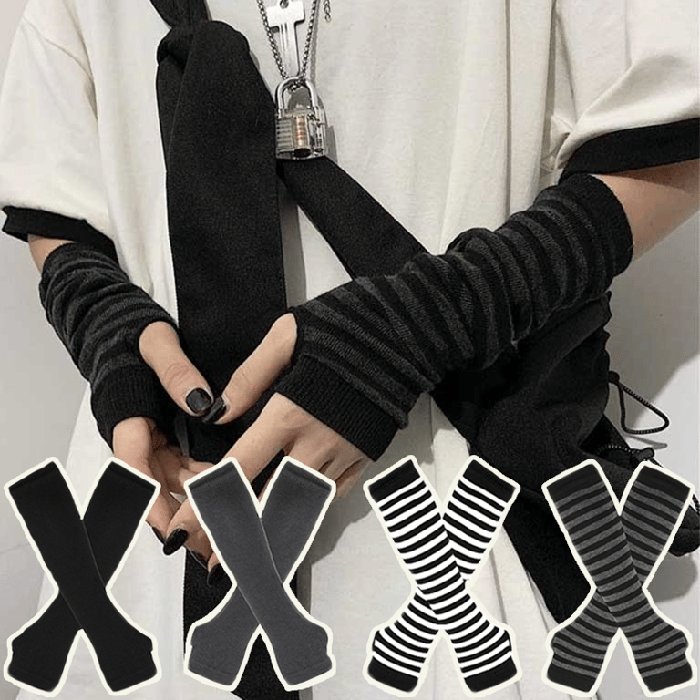 Gothic Lolita Arm Warmers with Fingerless Design, Harajuku Influence, Metallic Accents - Unisex Black and Grey Striped Gloves for Punk Fashion, Typing, Texting - Ideal for Cosplay, Festivals, Concerts, Individuality Expression