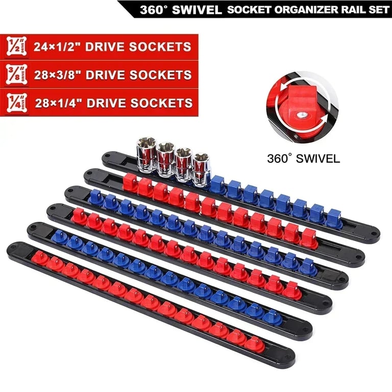 Premium ABS Socket Organizer with 360° Swivel Design for 1/4, 3/8, and 1/2 Inch Sockets - Color-Coded Wall Mounted Tool Holder for Garage and Workshop Organization, Durable and Easy to Install, Blue and Red Socket Clips for Quick Identification and Space-Saving Storage