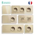 BSEED Touch Light Switches with French Sockets, Type-C USB Outlets, and Gold Accents - Sleek Glass Panel with Blue Backlighting - Easy Installation - Ideal for Residential and Commercial Use - Modern, Elegant, and Functional Switches for Bedrooms, Living Rooms, and Offices