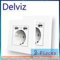 Delviz Dual USB Charging Outlet with 2A USB Ports, AC 110~250V Power Jack, White PC Material Panel, Fast Charging Speed, 16A EU Standard Wall Socket - Ideal for Multiple Device Charging, International Use, Modern Design, and Safety Compliance