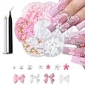 3D Flower Bow Nail Art Kit with Pink and White Acrylic Floral Beads, Pearl Charms, Wax Pen, Tweezers, and Nail Parts - Professional-Quality Nail Decorations for Stunning Designs, Perfect for Beginners and Enthusiasts, Durable and Long-Lasting Materials, Endless Customization Options