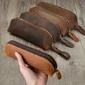 Premium Vintage Leather Pencil Bag with Secure Zipper Closure - Durable and Soft Stationery Holder for Pens, Pencils, Markers, and More - Multipurpose Pouch for Glasses, Tools, Makeup Brushes - Ideal for School, Office, and Everyday Use