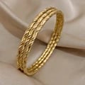 3pcs Gold Color Twist Stainless Steel Bangle Bracelet Set with Tibetan Buddha Design | Durable Adjustable Stackable Bangles for Women | Sophisticated Jewelry Gift for Peace and Harmony | Chic Classic Style for Versatile Fashion Statements