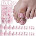 120Pcs Glossy Nude Pink French Press-On-Toenail Set - Premium Material, Easy Application, Customizable Fit, Long-Lasting Wear, Versatile Usage - Short French Square Design for Modern & Chic Toes - Adhesive Tabs, Pre-Shaped Tips, Various Sizes - Salon-Quality Manicure Results at Home