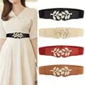 Elegant Gold Leaf Women's Waist Cover with Double Hook Buckle - Adjustable Elastic Belt for Skirts, Dresses, and Shirts - Durable and Stylish Wide Belt for Flattering Silhouette - Versatile Sizing Options for All Body Types