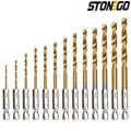 STONEGO Premium Titanium Coated Drill Bit Set - High-Speed Steel Construction - Hex Shank Design - 13 Piece Set for Wood, Plastic, Aluminum - Sharp Cutting Edges, Spiral Flute Design - Ideal for DIY, Carpenters, Professionals - Efficient, Durable, Heat Resistant