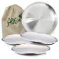 Set of 4 Premium Quality Stainless Steel Round Metal Plates (20cm) with Cotton Bag - Durable, Eco-Friendly, and Versatile Outdoor Dining Set for Camping, BBQs, Picnics - Reusable Plates for Meals, Snacks, Fruits, Desserts - Sustainable Alternative to Disposable Tableware