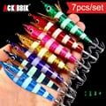 Ackibbik 7pcs Horizontal Squid Jigs - Realistic Design, High-Quality Materials, Effective Hook, Versatile Usage, Enhanced Attraction - Saltwater Wood Shrimp Lures for Squid, Cuttlefish, Octopus - Jigging, Trolling, Casting - Durable and Attractive Fishing Baits