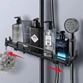 Adjustable and Extendable Shower Shelf with No-Drill Installation - Rust-Resistant Bathroom Organizer with Two Trays and Four Hooks for Shampoo, Conditioner, Soap, and More - Versatile and Stylish Storage Solution for Toiletries and Cosmetics