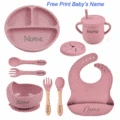 Personalized Baby Feeding Silicone Tableware Set - BPA-Free, Customizable with Name and Logo, 8-Piece Set Including Spoon, Fork, Bowl, Plate - Safe, Easy to Clean, Colorful Design for Kids, Non-Toxic, Durable, Dishwasher Safe, Anti-Slip Bottoms, Ergonomic Utensils