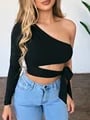 Elegant One-Shoulder Bow-Tie Women's Slim Tee Top with Cold Shoulder Cutouts - High-Quality Fabric, Versatile Wear, Flattering Silhouette, Club Street Fashion Statement Piece