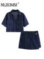2025 Women's Fashion Flip Pocket Decoration Short Flip Collar Slim Fit Denim Top + Asymmetric Denim Skirt 2 Piece Set - Trendy and Versatile Outfit for Fashion-Forward Women - Modern Design with High-Quality Denim Material - Complete Ensemble for Various Occasions