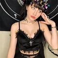Gothic Velvet Crop Top with Black Lace Trim, Backless Sexy Strap Tanks, Emo Alternative Aesthetic, Flattering Fit for Women - Luxurious Soft Material, Elegant and Sophisticated Design, Perfect for Nights Out and Concerts, Unique and Eye-Catching Style, Adjustable Straps for a Perfect Fit