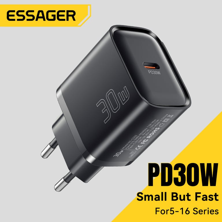 Essager Mini 30W Type C Charger with Power Delivery and Quick Charge 3.0 Technology for iPhone 13 Pro, Samsung S25, Xiaomi, iPad - Compact, Portable, Wide Compatibility, Durable, Safe, Efficient Charging - Travel-Friendly High-Speed Charger for On-the-Go Use