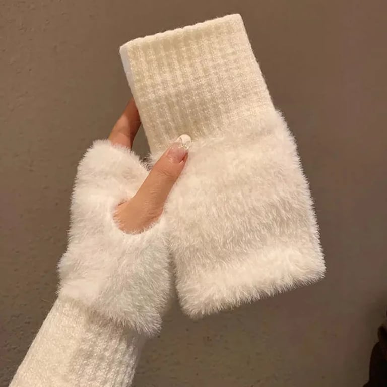 Luxurious Solid White Plush Knitted Half Finger Gloves for Women - Soft Winter Wrist Mittens for Fashionable Comfort and Warmth in Cold Weather - Flexible and Chic Fingerless Gloves for Typing, Texting, and Daily Wear - High-Quality Material for Cozy Elegance and Versatile Style