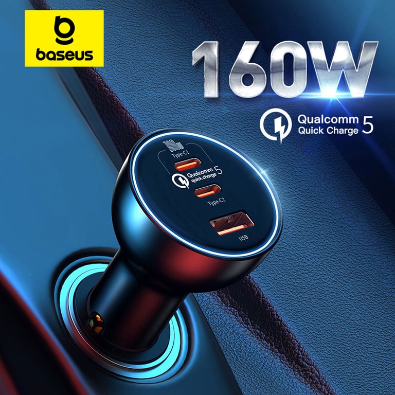 Baseus 160W Car Charger with Quick Charge 5.0 Technology, Power Delivery 3.0, PPS Support, USB Type C Port - Fast Charging for iPhone 13, 14, 15 Pro, Laptops, Tablets - Safe & Reliable with Overcurrent Protection, Overvoltage Protection, Temperature Control - Sleek & Portable Design, Wide Application