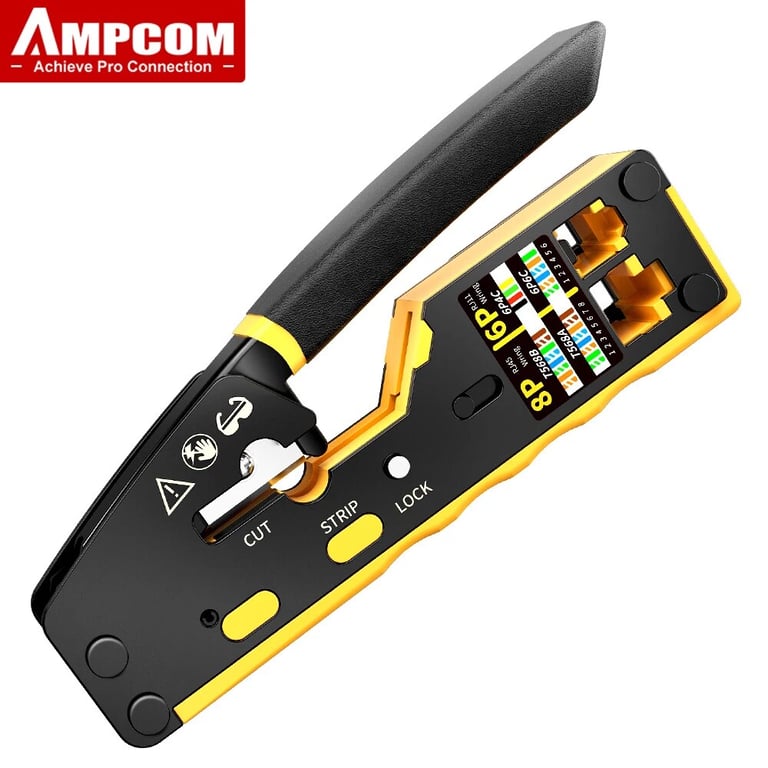 AMPCOM EZ-Type RJ45 Network Crimper for Lan CAT8/7/6A/6/5E & RJ11/12 Tel Modular Cable - Precision Crimping, Efficient Stripping, Ergonomic Design, Durable Construction - 3-in-1 Tool for Professionals and DIY Enthusiasts