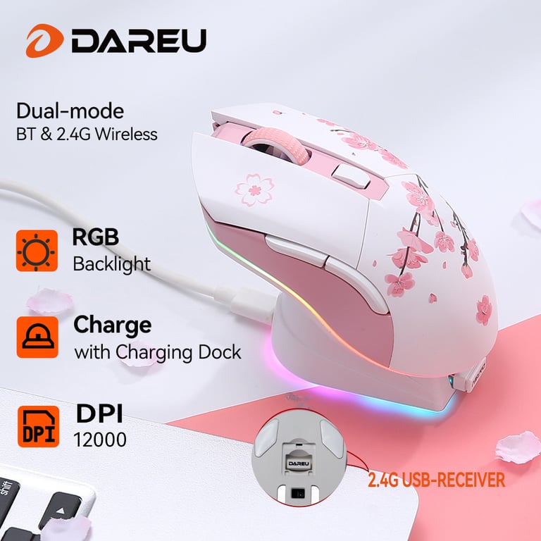 DAREU Dual Modes Gamer Mouse with Ergonomic Design, Customizable RGB Lighting, Wireless and Wired Modes, Macro Set, and Long-lasting Rechargeable Battery for Enhanced Gaming Performance and Comfort