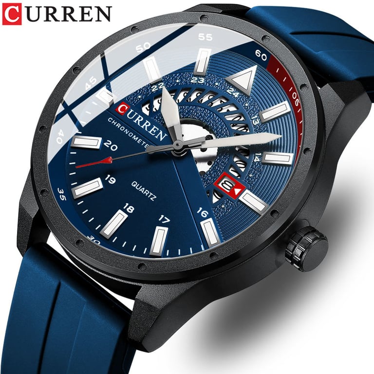 CURREN Fashion Men Watch with Stylish Design, Waterproof Functionality, Automatic Date Display, Military-Inspired Design, and Top Brand Quality - Silicone Strap, Rugged Appeal, Luminous Hands, High-Quality Timepiece for Everyday Wear, Swimming, Showering - Affordable Luxury Watch
