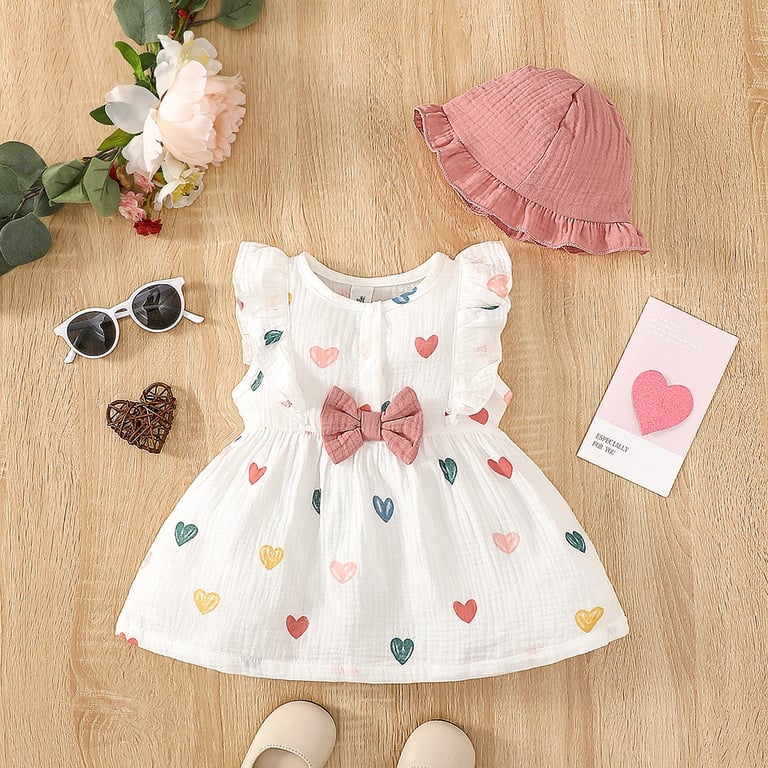 Adorable Love Print 2PCS Dress Clothes Set with Matching Hat for Newborn Baby Girls, Sleeveless Summer Outfit, High-Quality Fabric, Perfect for 0-9 Months, Cute and Comfortable Fashion Essential for Various Occasions