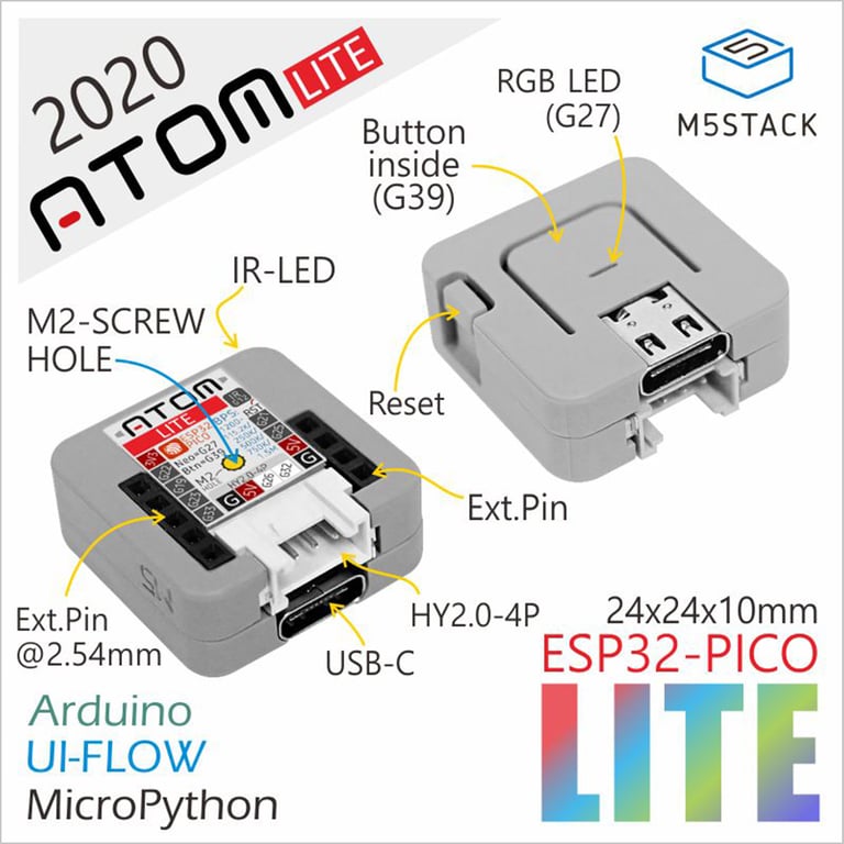 M5Stack Official ATOM Lite ESP32 IoT Development Kit: Small, Lightweight Board with Powerful ESP32 Processor, Built-in RGB LED, Expandability, and User-Friendly Development Environment for On-the-Go Projects and Prototyping. Includes Grove Connectors, IR Transmitter/Receiver, Arduino IDE, and MicroPython Support.