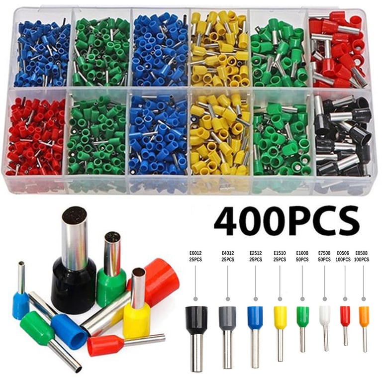 400 Piece Wire Connectors Set with Insulated Design for Automotive, Marine, and Household Electrical Projects - Durable Cold-Pressed Insulation, Wide Range of Sizes (E0508, 7508, 1008, 1510, 2512, 4012) - Easy to Use Crimp Terminals for DIY and Professional Use