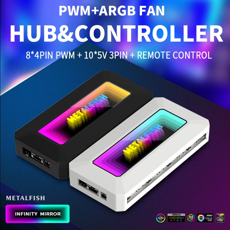 METALFISH ARGB Fan HUB Splitter with RGB Lighting Control, Remote Controller, 4Pin PWM Compatibility, and Synchronization Capability for Efficient Cooling Performance and Customized Lighting Effects in Your Computer Setup