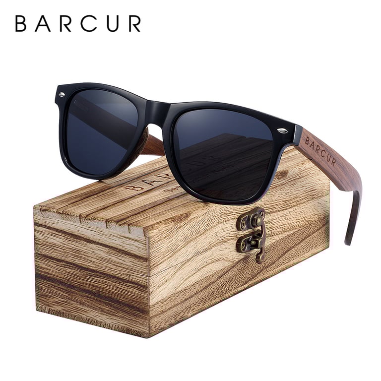 BARCUR Black Walnut Wood Sunglasses with Polarized Lenses, Square Frame Design, and Comfortable Fit - Luxury Eyewear for Men with UV Protection, Original Box Included for Safe Storage