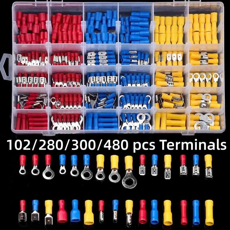Premium Wire Connector Kit with 102/280/300/480pcs Assorted Terminals and Spade Connectors - High-Quality Insulated Male and Female Terminals for Automotive, Marine, Household, and Industrial Use - Cold Crimp Technology, Color-Coded, Easy Identification - Durable, Reliable, Solder-Free Installation