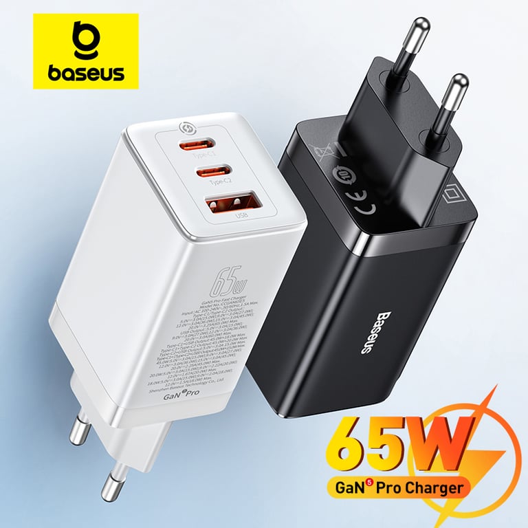Baseus 65W GaN Charger with Quick Charge 4.0/3.0, Type C PD, and USB Ports - Portable Fast Charging for Laptops, iPhones 15/14/13 - Gallium Nitride Technology for Efficient Power Delivery - Wide Device Compatibility - Travel-Friendly Charger for All Electronics