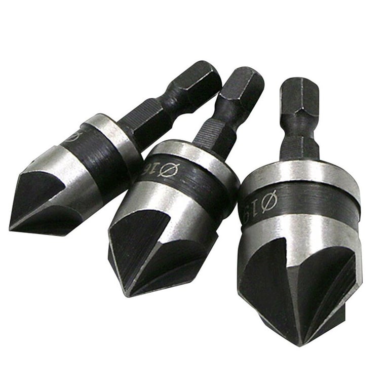 Premium 3PC Hexagonal Shank 90 Degree Black Five Blade Chamferer Set for Precision Woodworking - Includes 12mm, 16mm, and 19mm Sizes - Efficient Hole Opening, Smooth Finishes, and Comfortable Handling - Durable and Versatile Tool for Professional Results