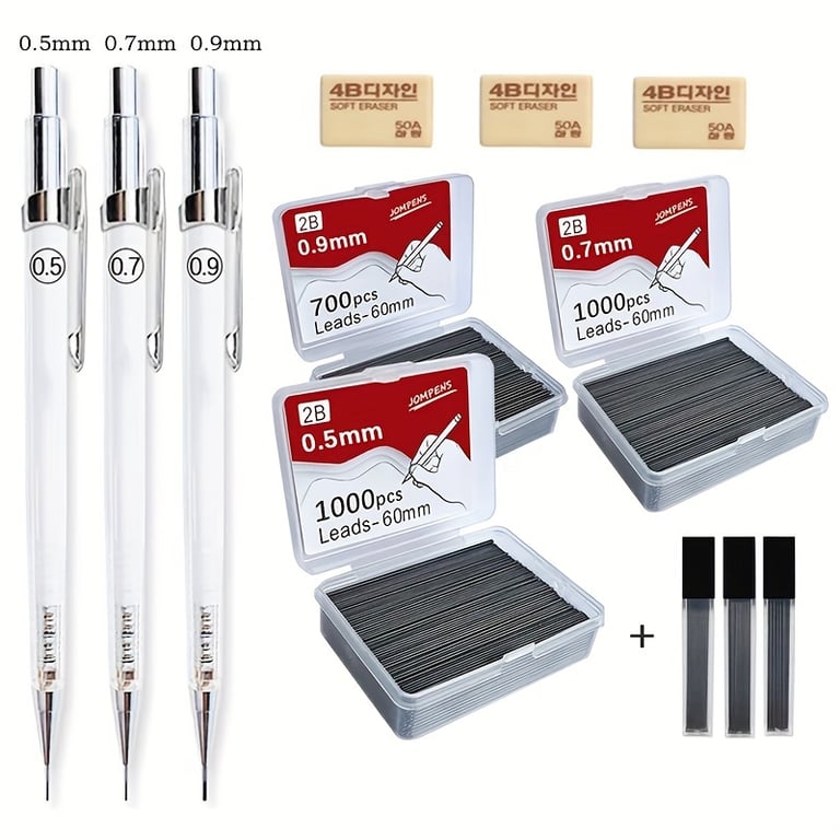 High-Quality Transparent Mechanical Pencils Set with Versatile Lead Sizes (0.5mm, 0.7mm, 0.9mm) - Smooth 2B Lead for Sketching, Shading, and Technical Drawings - Automatic Pencil Mechanism for Consistent Line Thickness - Replaceable Refills and Extra Tubes Included for Long-Term Use