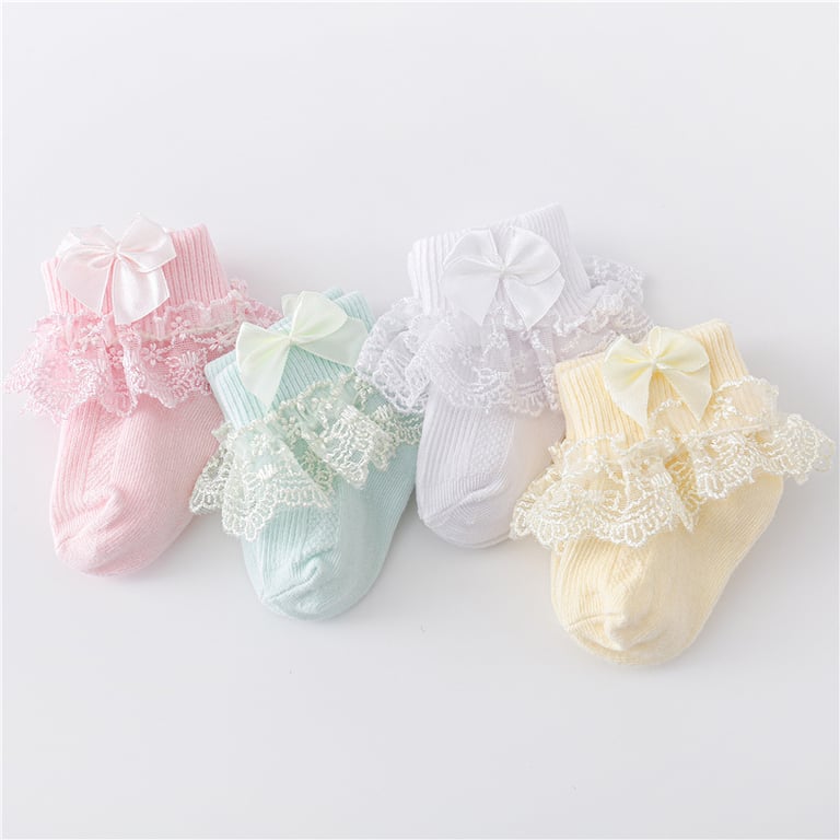 Lawadka Baby Girl Lace Princess Bow Socks - Set of 4 Pairs, Soft Cotton Material, Adorable Design, Perfect Fit for Newborns and Toddlers 0-24 Months, Spring Seasonal Wear, Breathable and Durable, Value Pack for Stylish Outfits and Thoughtful Gifts