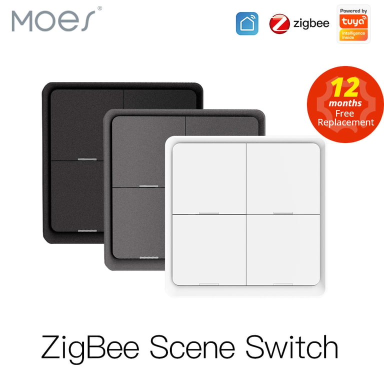 MOES 4 Gang Tuya ZigBee Switch with Wireless Control and Scene Customization for Smart Home Automation, Battery Powered, Compatible with Tuya Devices, ZigBee Technology for Reliable Connection and Performance Enhancement
