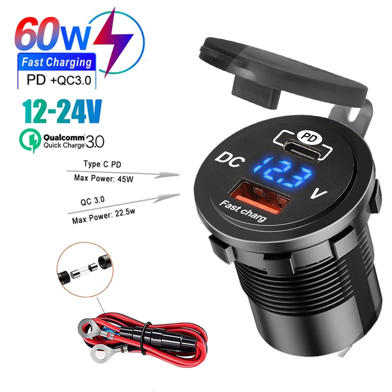 60W Car Charger Socket with Power Delivery and Quick Charge 3.0 Technology - Voltage Monitoring, Wide Application, Durable Design, and Sleek LED Display - Compatible with Smartphones, Tablets, Laptops - Overcurrent, Overvoltage, Short-Circuit Protection - Ideal for Vehicles, Motorcycles, Trucks, Boats