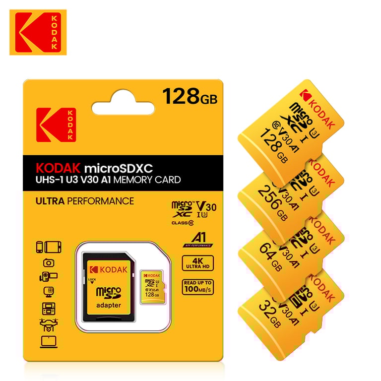KODAK Micro SD Card RED Memory Card 32GB/64GB Class 10 A1 High Capacity Storage Fast Read Write Speeds Adapter Included for Smartphones Tablets Digital Cameras Drones Shockproof Waterproof X-ray-proof Password Protection Data Encryption