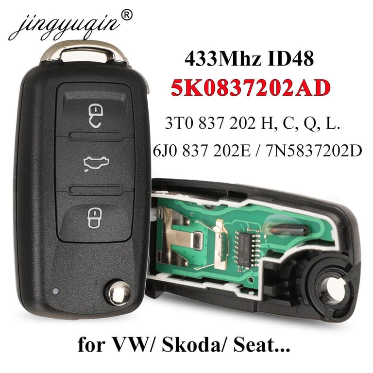 jingyuqin 3BT Remote Flip Key for VW Volkswagen GOLF PASSAT Tiguan Polo Jetta Beetle Skoda Seat Cars | 434MHz Frequency ID48 Chip | 3 Buttons for Remote Lock/Unlock/Start | Durable Construction Easy Installation Enhanced Security Features