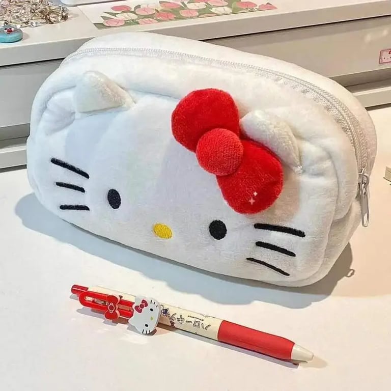 Hello Kitty Plush Pencil Case - Adorable Kawaii Design with Large Capacity - Cute Stationery Bag for Girls, Makeup Enthusiasts - Vibrant Colors, Soft Material - Durable Zipper Closure - Perfect Gift for School, Parties, Birthdays