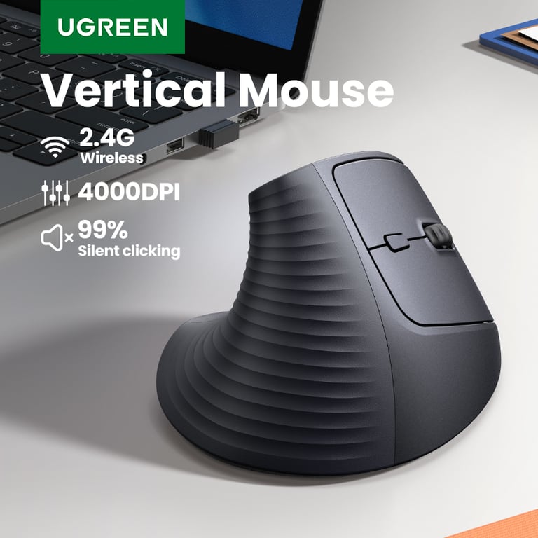 UGREEN Wireless Mouse Vertical with 4000DPI High Precision Sensor, Ergonomic Design, 2.4G Wireless Connectivity, Mute Buttons, Wide Compatibility for MacBook, Tablets, Laptops, Computers, PCs - Silent Clicking Experience, Reduce Wrist Strain, Promote Natural Hand Position, Smooth & Accurate Tracking