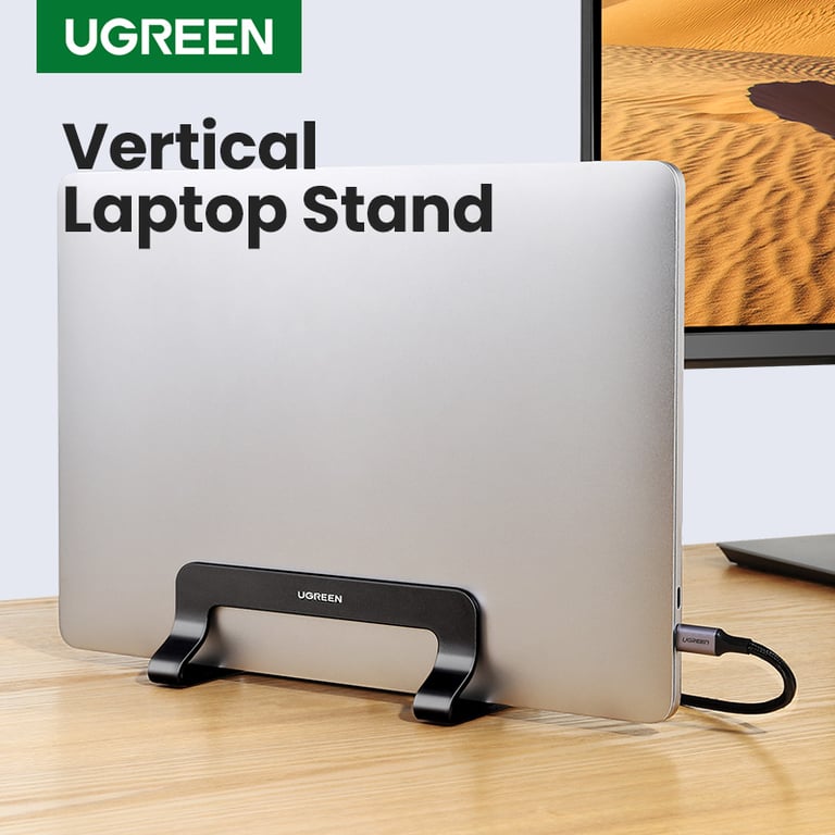 UGREEN Vertical Laptop Stand - Sturdy Aluminum Construction, Space-saving Design, Adjustable Width, Anti-slip Pads, Versatile Compatibility, Portable and Lightweight - Ideal for MacBook Pro, MacBook Air, Tablets, and Smartphones - Ergonomic Workspace Solution for Small Spaces